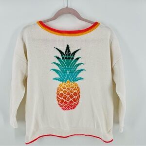 Loft Cotton Pineapple Colorful 3/4 Sleeve Crew Neck Sweater Casual Novelty Fun
